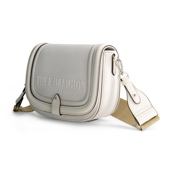 Concept One True Religion Distressed Logo Denim Saddle Bag WHITE