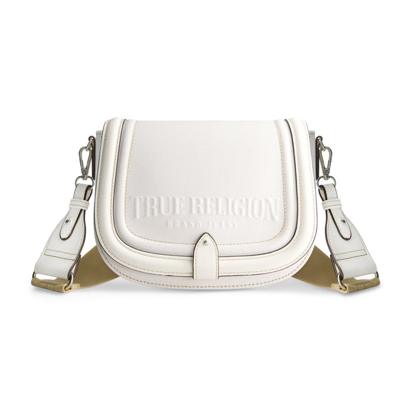 concept one True Religion Distressed Logo Denim Saddle Bag WHITE
