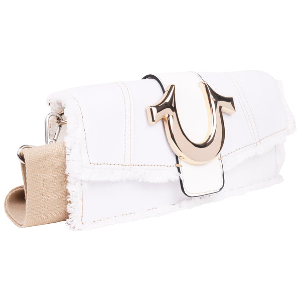 Concept One True Religion Frayed Denim Flap Bag With Logo Strap