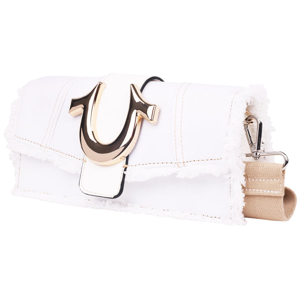 Concept One True Religion Frayed Denim Flap Bag With Logo Strap