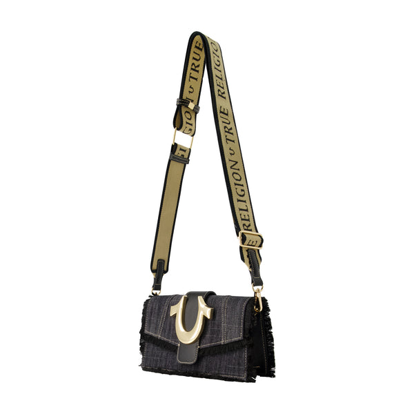 Concept One True Religion Frayed Denim Flap Bag With Logo Strap