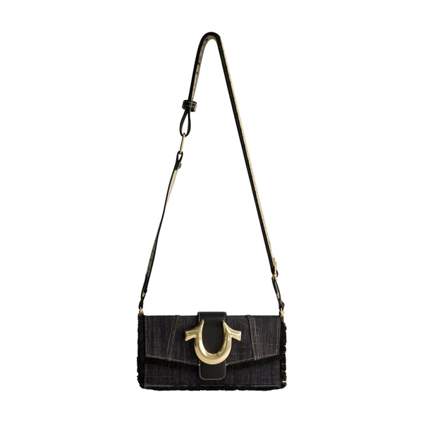 concept one True Religion Frayed Denim Flap Bag with Logo Strap