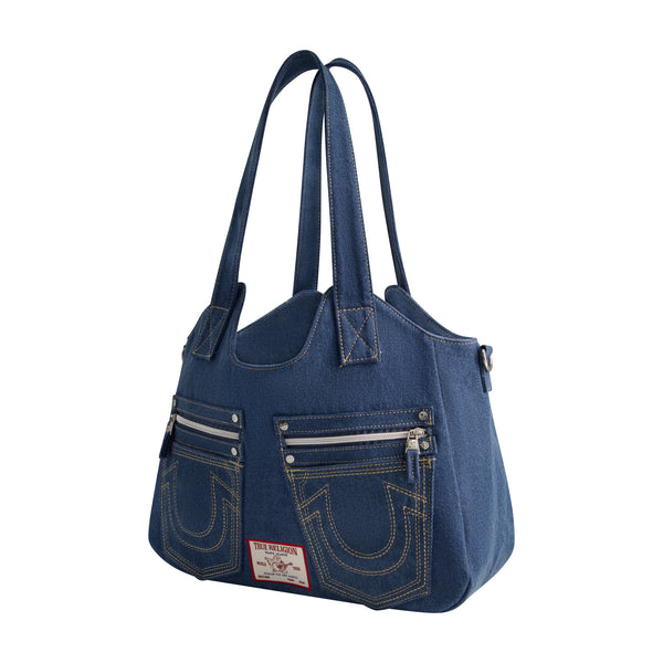 Concept One True Religion Horseshoe Stitch Denim Satchel Medium Blu