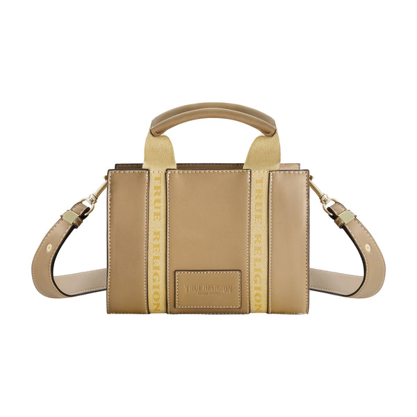 Concept One True Religion Licensed Faux Leather Mini Tote Bag With Branded Straps TAUPE