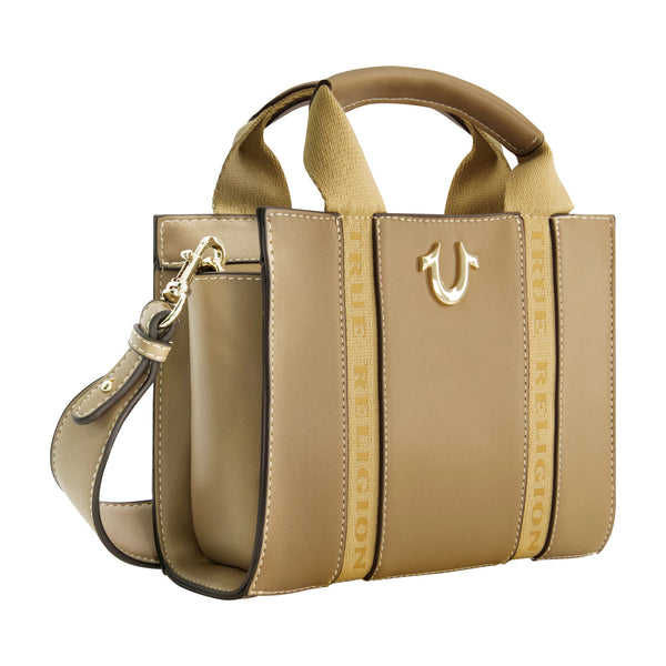 Concept One True Religion Licensed Faux Leather Mini Tote Bag With Branded Straps TAUPE
