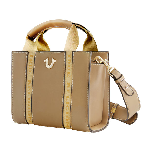 Concept One True Religion Licensed Faux Leather Mini Tote Bag With Branded Straps TAUPE
