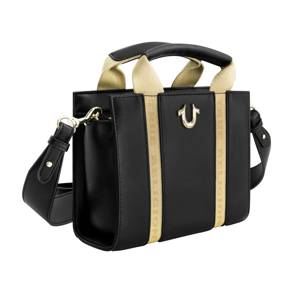 Concept One True Religion Licensed Faux Leather Mini Tote Bag With Branded Straps BLACK