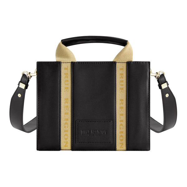 concept one True Religion Licensed Faux Leather Mini Tote Bag with Branded Straps BLACK