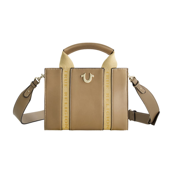 concept one True Religion Licensed Faux Leather Mini Tote Bag with Branded Straps TAUPE
