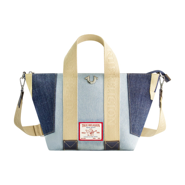 concept one True Religion Licensed Patchwork Denim Tote Bag with Adjustable Strap DENIM/BLUE