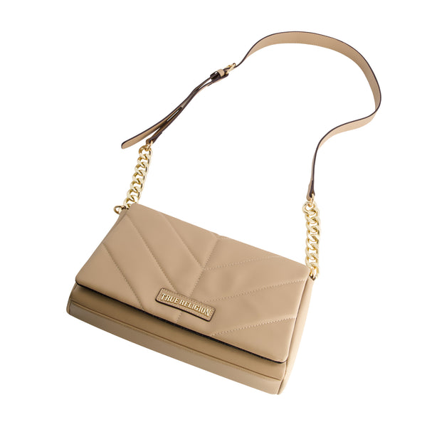 Concept One True Religion Quilted Logo Plaque Flap Bag Camel