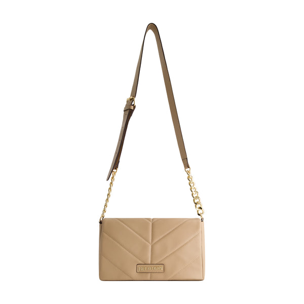 concept one True Religion Quilted Logo Plaque Flap Bag Camel