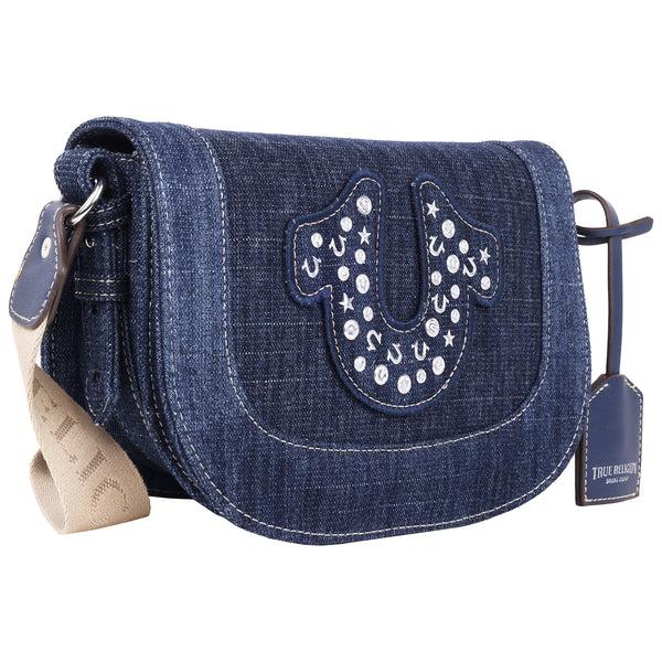 Concept One True Religion Studded Horseshoe Denim Flap Bag