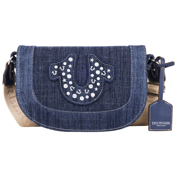 concept one True Religion Studded Horseshoe Denim Flap Bag