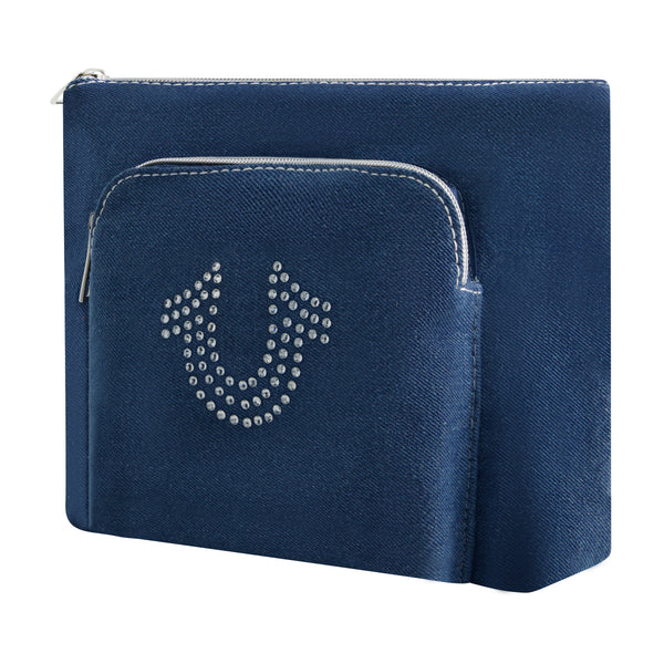 Concept One True Religion Trapazoid Zip Cosmetic Bag With Exterior Zip Pocket DENIM