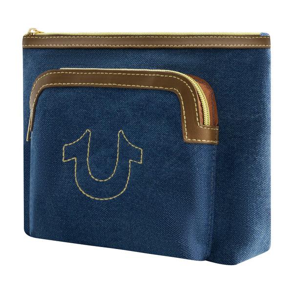 Concept One True Religion Trapazoid Zip Cosmetic Bag With Exterior Zip Pocket DENIM