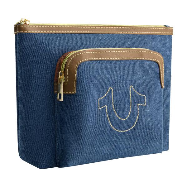 Concept One True Religion Trapazoid Zip Cosmetic Bag With Exterior Zip Pocket DENIM