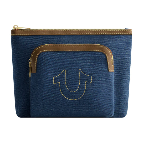 concept one True Religion Trapazoid zip cosmetic bag with exterior zip pocket DENIM