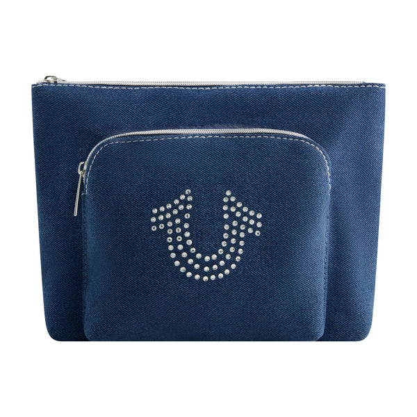 concept one True Religion Trapazoid zip cosmetic bag with exterior zip pocket DENIM