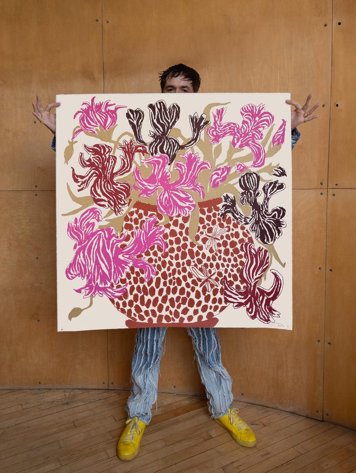 Connolly Pink Brown Cut Flowers: Triptych Screen Print