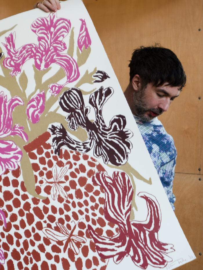 Connolly Pink Brown Cut Flowers: Triptych Screen Print