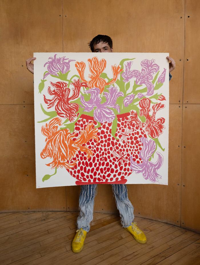 Connolly Red Orange Cut Flowers: Triptych Screen Print