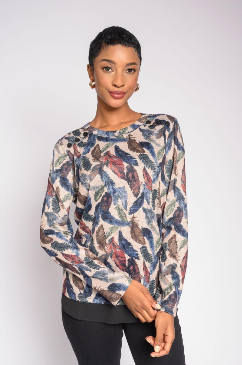 Contempo Print Combo Sheer Knit Top