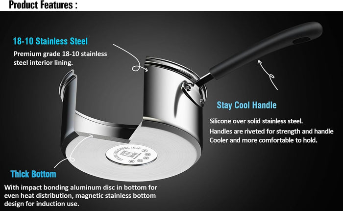Cook N Home Cook N Home 02655 Professional Double Boiler Saucepan 2-Quart 18-10 Stainless Steel Steam Melting Pot For Butter Chocolate Cheese Tempered Glass Lid Silver