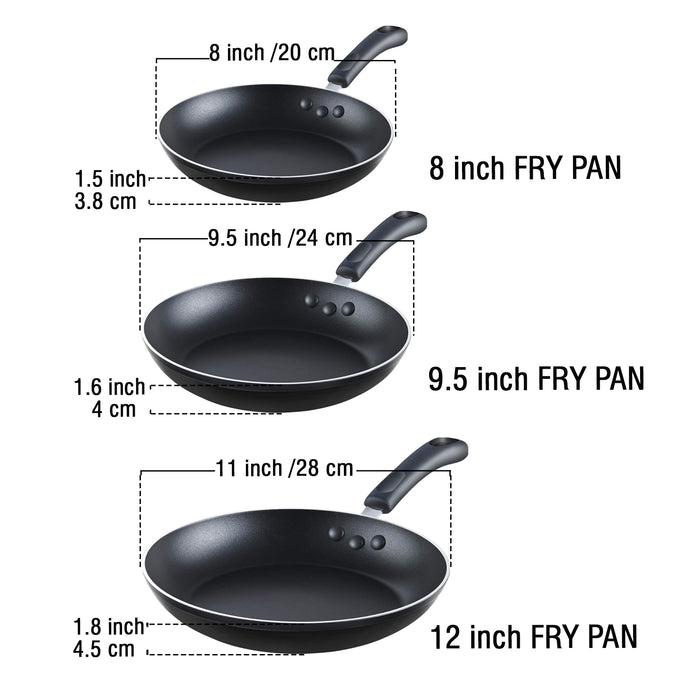 Cook N Home Cook N Home Basics Nonstick Saute Skillet Fry Pan 3-Piece Set 8 Inch/9.5-Inch/11-inch Non-Stick Frying Pans Black