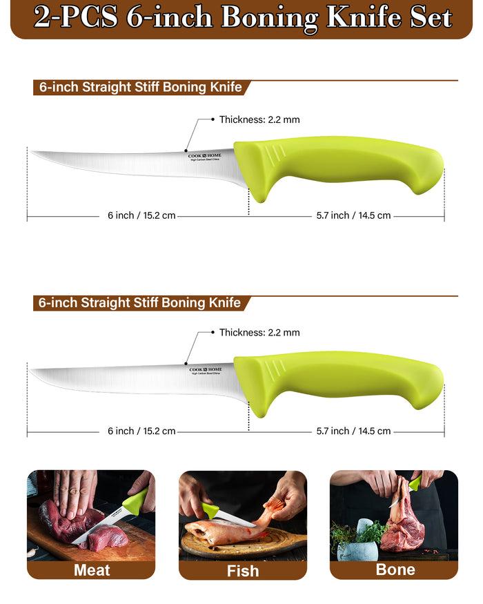 Cook N Home Cook N Home Boning Knife Set 2-Piece 6-inch High Carbon German Stainless Steel Flexible Curved And Straight Stiff Boning Kitchen Knives Ergonomic Handle Green