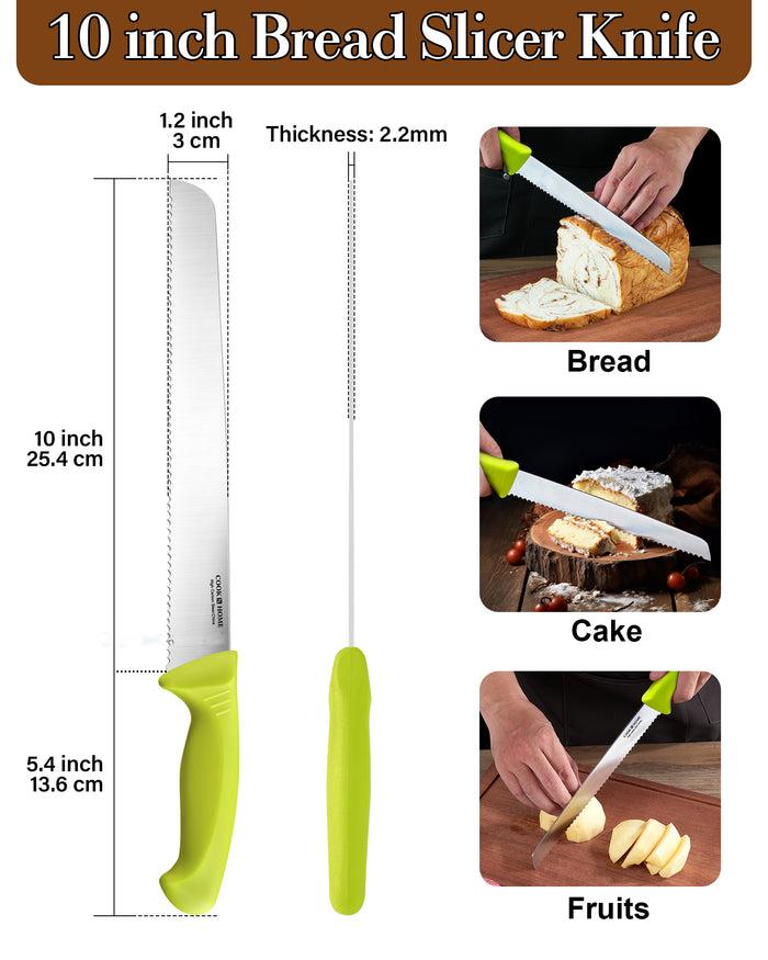 Cook N Home Cook N Home Bread Slicer Knife 10-Inch Wavy Serrated High Carbon German Stainless Steel Sharp Kitchen Knife Ergonomic Handle Green