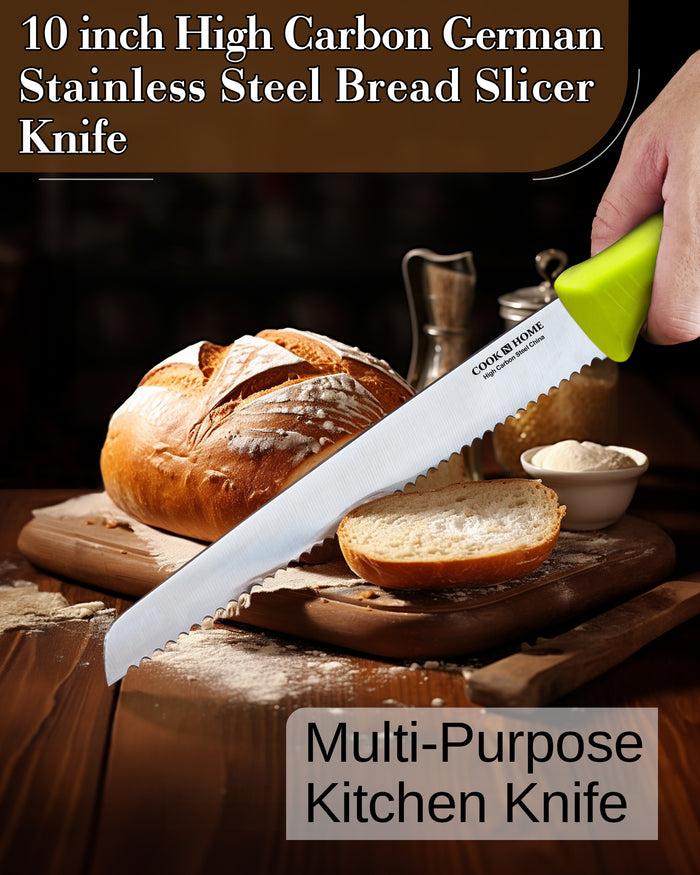 Cook N Home Cook N Home Bread Slicer Knife 10-Inch Wavy Serrated High Carbon German Stainless Steel Sharp Kitchen Knife Ergonomic Handle Green