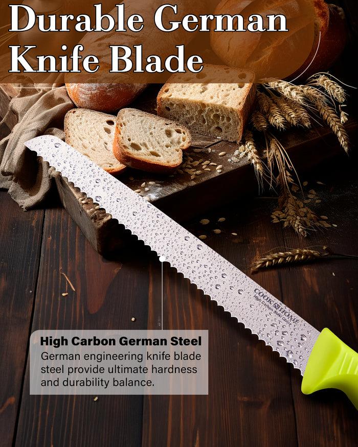 Cook N Home Cook N Home Bread Slicer Knife 10-Inch Wavy Serrated High Carbon German Stainless Steel Sharp Kitchen Knife Ergonomic Handle Green