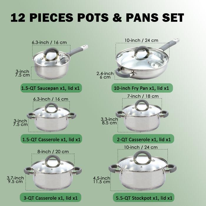 Cook N Home Cook N Home Cookware Sets 12-Piece Basics Stainless Steel Pots And Pans With Grey Silicone Handles Silver