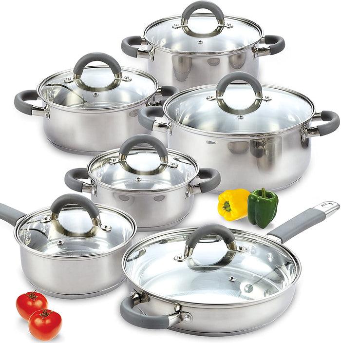 cook n home Cook N Home Cookware Sets 12-Piece Basics Stainless Steel Pots and Pans with Grey Silicone Handles Silver
