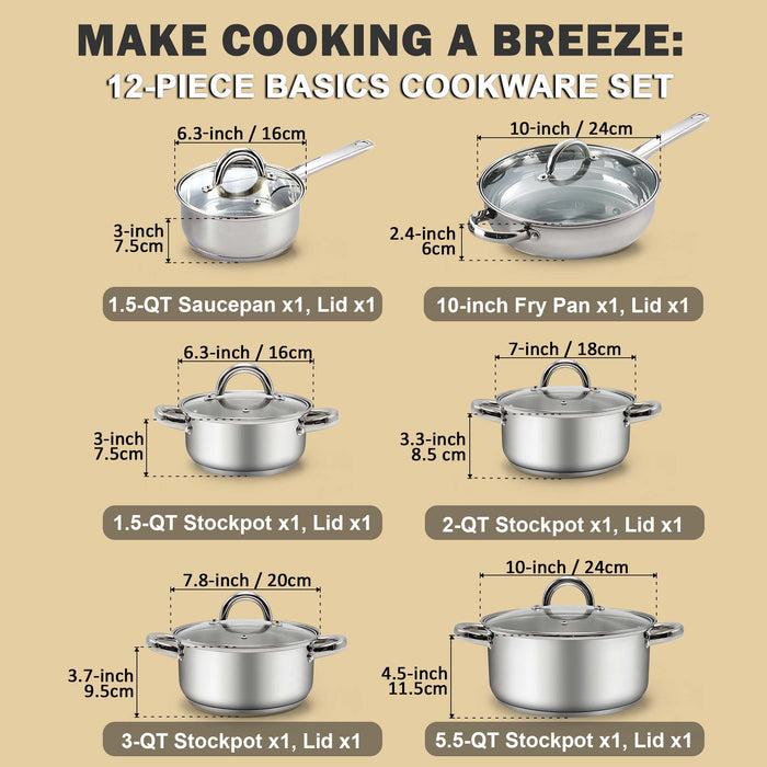 cook N Home Cook N Home Kitchen Cookware Sets 12-Piece Basic Stainless Steel Pots And Pans Silver