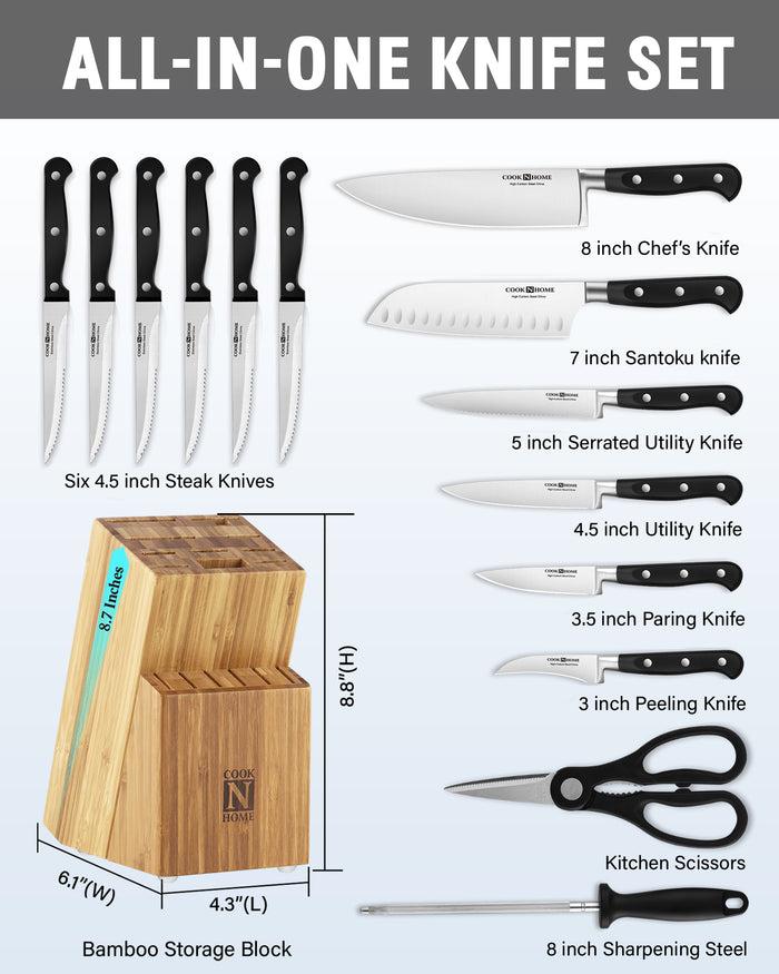 Cook N Home Cook N Home Kitchen Knife Set With Bamboo Storage Block 15-Piece High Carbon Stainless Steel Blade Black
