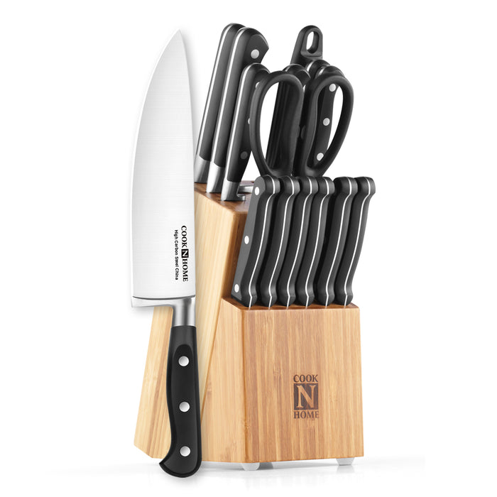 cook n home Cook N Home Kitchen Knife Set with Bamboo Storage Block 15-Piece High Carbon Stainless Steel Blade Black