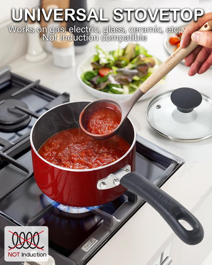 Cook N Home Cook N Home Non Stick Sauce Pan 1 Quart Saucepan With Glass Lid Nonstick Small Multi-purpose Pot Milk Chocolate Aluminum Cooking Pot Pan With Stay-Cool Handle Marble Red