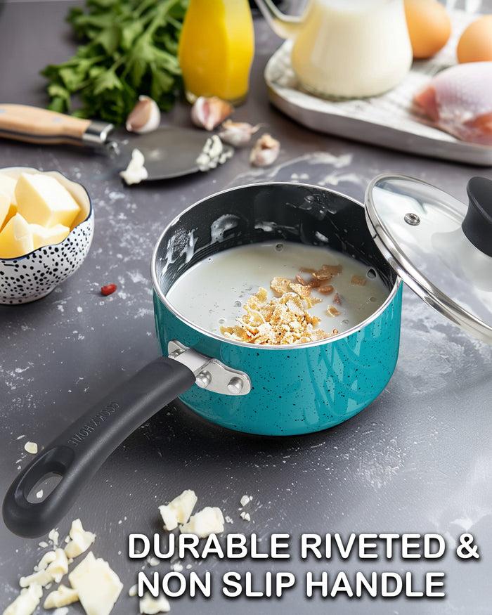 Cook N Home Cook N Home Non Stick Sauce Pan 1 Quart Saucepan With Glass Lid Nonstick Small Multi-purpose Pot Milk Chocolate Aluminum Cooking Pot Pan With Stay-Cool Handle Turquoise
