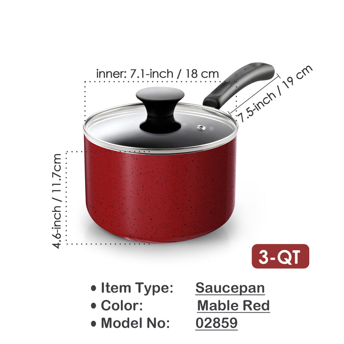 Cook N Home Cook N Home Non Stick Sauce Pan 3 Quarts Saucepan With Glass Lid Nonstick Small Multi-purpose Pot Milk Chocolate Aluminum Cooking Pot Pan With Stay-Cool Handle Marble Red