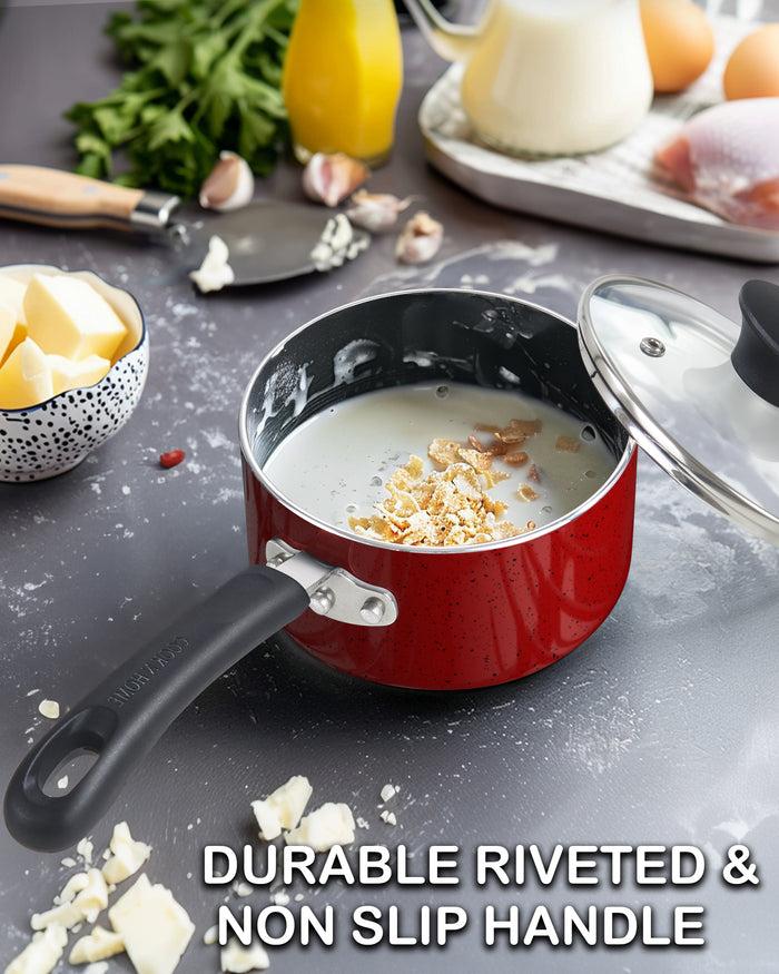 Cook N Home Cook N Home Non Stick Sauce Pan 3 Quarts Saucepan With Glass Lid Nonstick Small Multi-purpose Pot Milk Chocolate Aluminum Cooking Pot Pan With Stay-Cool Handle Marble Red
