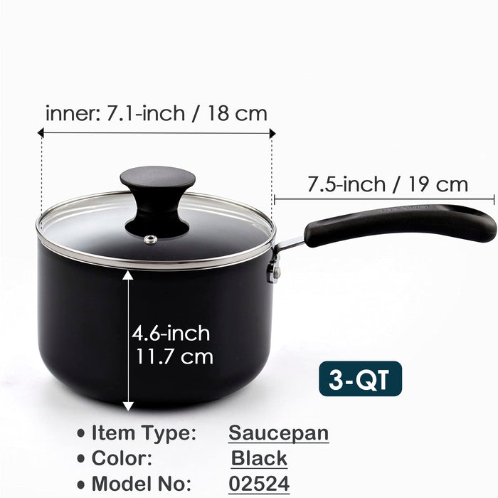 Cook N Home Cook N Home Nonstick Sauce Pan With Glass Lid 3-Qt Multi-purpose Pot Saucepan Kitchenware Black Aluminum