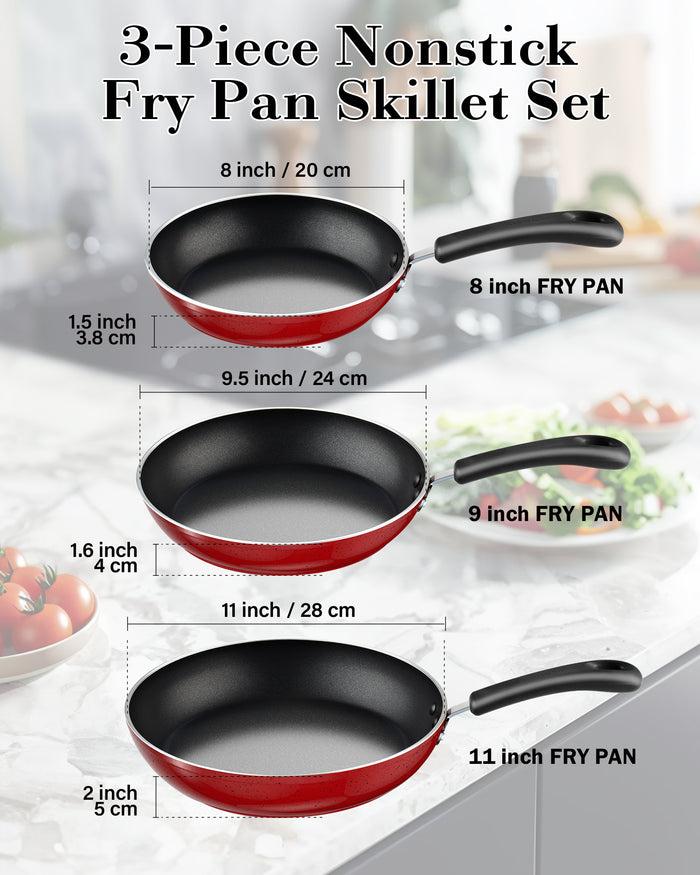 Cook N Home Cook N Home Nonstick Saute Fry Pan Skillet Set 8 9.5 And 11-Inch Kitchen Cooking Frying Saute Pan Induction Compatible Marble Red 3-Piece