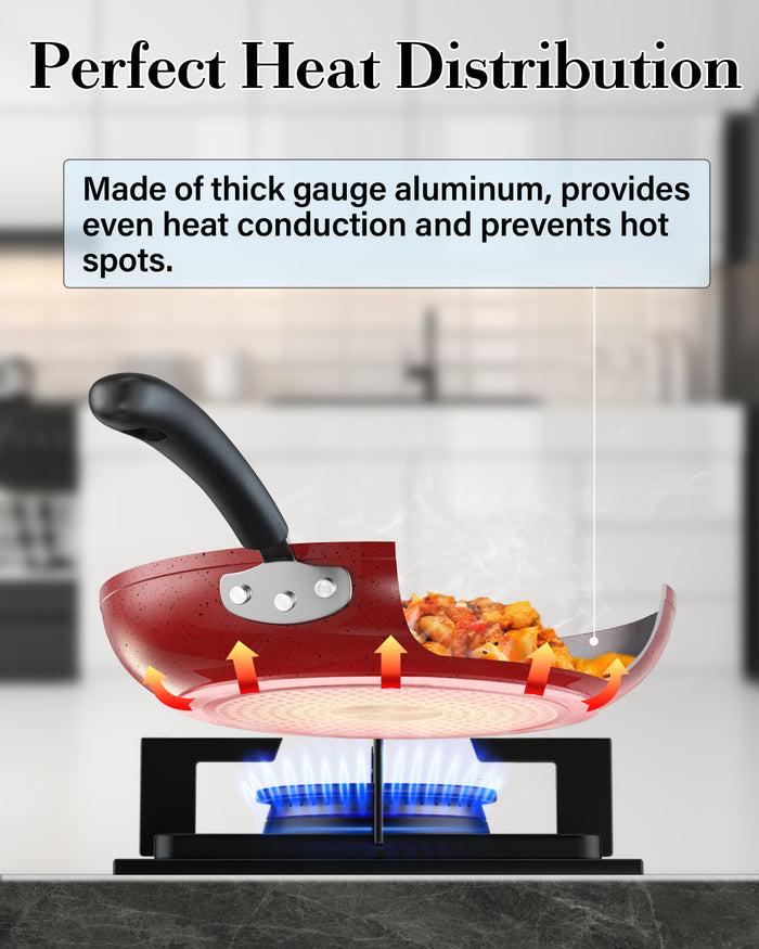 Cook N Home Cook N Home Nonstick Saute Fry Pan Skillet Set 8 9.5 And 11-Inch Kitchen Cooking Frying Saute Pan Induction Compatible Marble Red 3-Piece