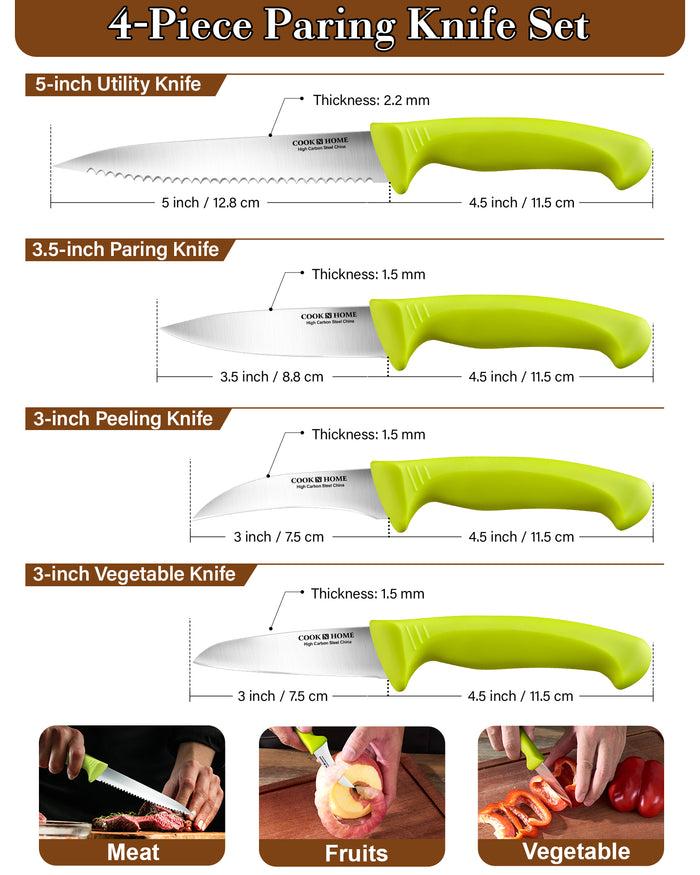 Cook N Home Cook N Home Paring Knife Set 4-Piece High Carbon German Stainless Steel Kitchen Knives Includes-Utility Paring Vegetable Peeling Knife Ergonomic Handle Green
