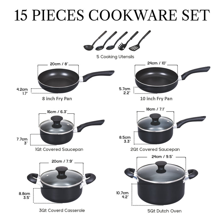 Cook N Home Cook N Home Pots And Pans Nonstick Cooking Set Includes Saucepan Frying Pan Kitchen Cookware Set 15-Piece Stay Cool Handle Black
