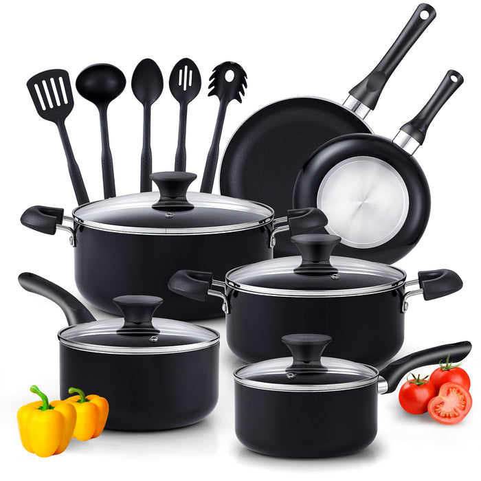 cook n home Cook N Home Pots and Pans Nonstick Cooking Set includes Saucepan Frying Pan Kitchen Cookware Set 15-Piece Stay Cool Handle Black