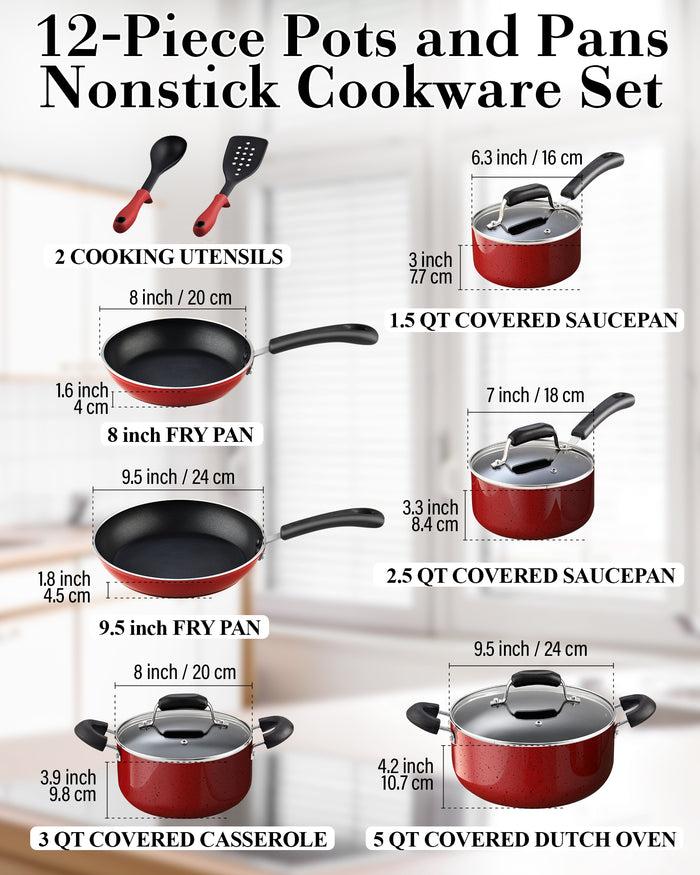 Cook N Home Cook N Home Pots And Pans Nonstick Cookware Set 12-Piece Kitchen Cooking Set With Frying Pans And Saucepans Induction Compatible Marble Red