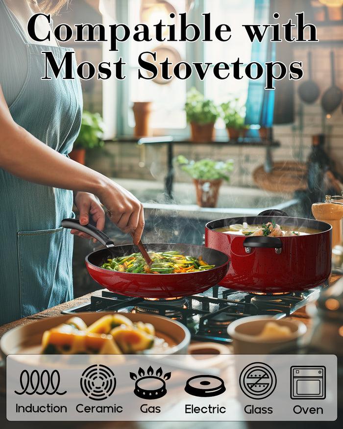 Cook N Home Cook N Home Pots And Pans Nonstick Cookware Set 12-Piece Kitchen Cooking Set With Frying Pans And Saucepans Induction Compatible Marble Red
